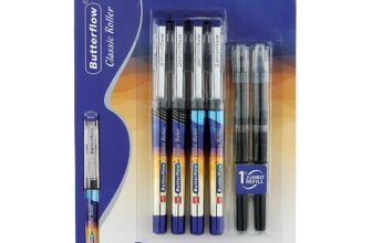 Cello Butterflow Classic Roller Pen Set – Pack of 4 (2 Blue & 2 Black) with 2 Jumbo Refills – Smooth Writing Experience for Students & Office Use