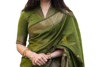 SIRIL Banarasi Unstitched Saree – Olive Green with Zari Motif Design