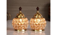 eCraftIndia Golden Brass & Crystal Akhand Diya – Set of 2 | Decorative Festival Pooja & Home Temple Diya