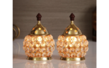 eCraftIndia Golden Brass & Crystal Akhand Diya – Set of 2 | Decorative Festival Pooja & Home Temple Diya