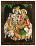 Indianara Religious Wall Painting – Multicolour Synthetic Wood Frame for Home & Pooja Room Radha Krishna with Cow (Gopala Krishna & Radha)