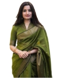 SIRIL Banarasi Unstitched Saree – Olive Green with Zari Motif Design