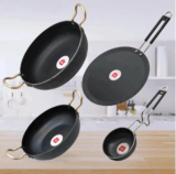 LAZYwindow 4-Piece Traditional Iron Cookware Set – Kadhai, Tawa, Tadka Pan with Induction Base, Black